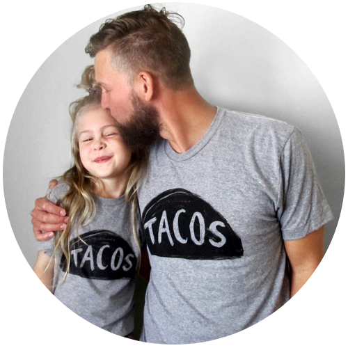matching baby and dad photo with a pizza slice illustration and the word "pizza" inside