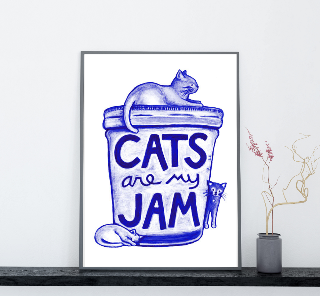 Cats are My Jam Watercolor Wall Art Print in cobalt blue and white