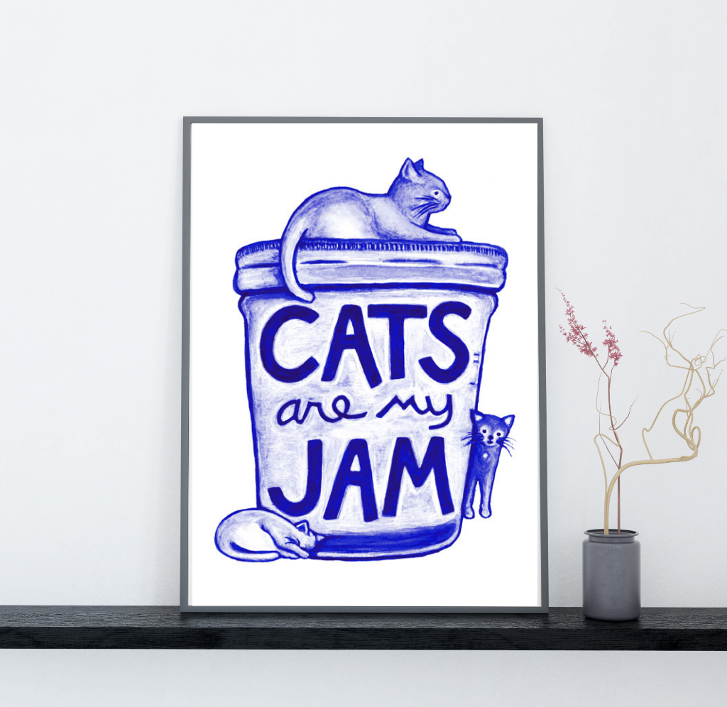 Cats are My Jam Watercolor Wall Art Print in cobalt blue and white