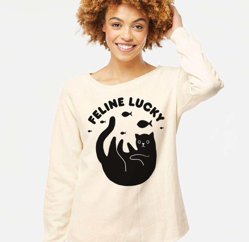 Women's Feline Lucky Crewneck Cat Lover Sweatshirt Sweatshirts Xenotees
