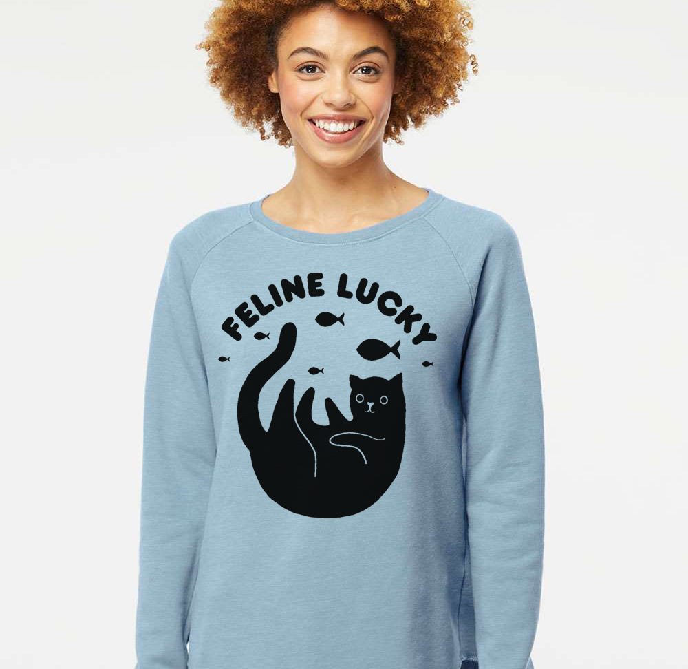 Women's Feline Lucky Crewneck Cat Lover Sweatshirt Sweatshirts Xenotees