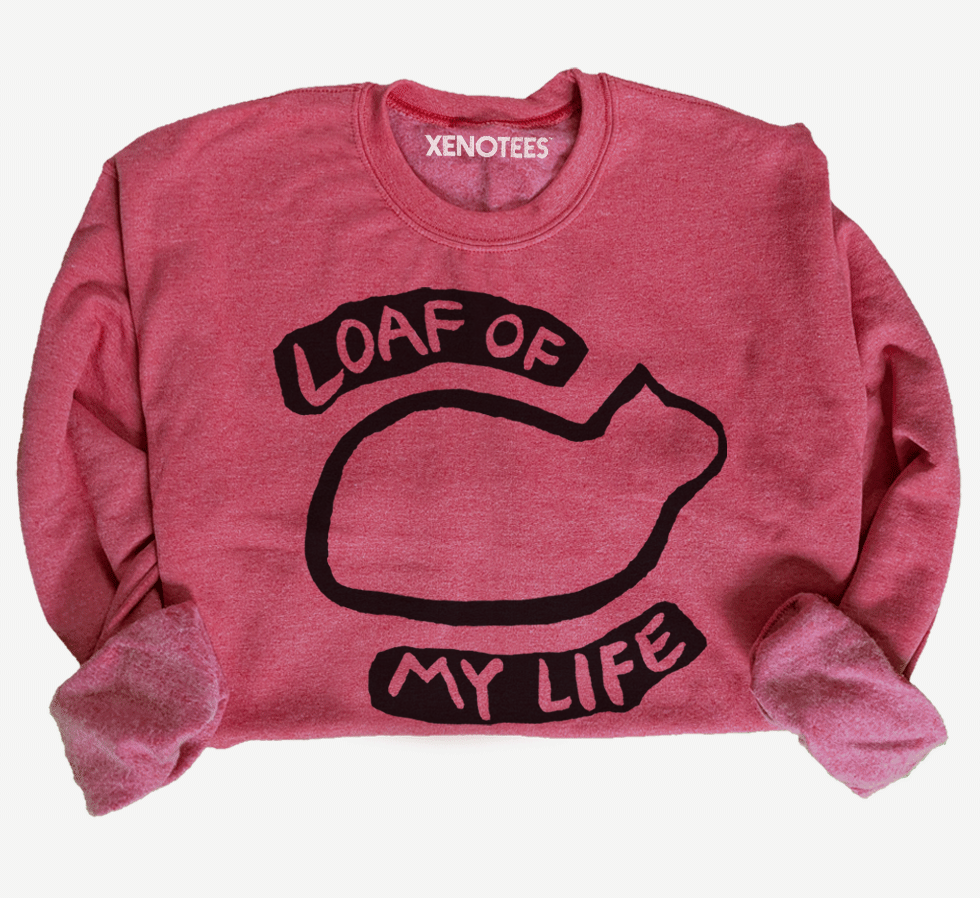 red sweatshirt with black cat loaf graphic and text on a white background