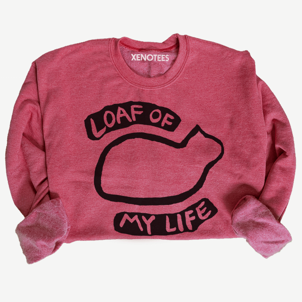red sweatshirt with black cat loaf graphic and text on a white background