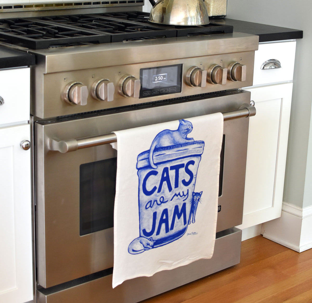 Funny cat lover flour sack kitchen towel with “Cats Are My Jam” illustration, hand screen printed in the USA