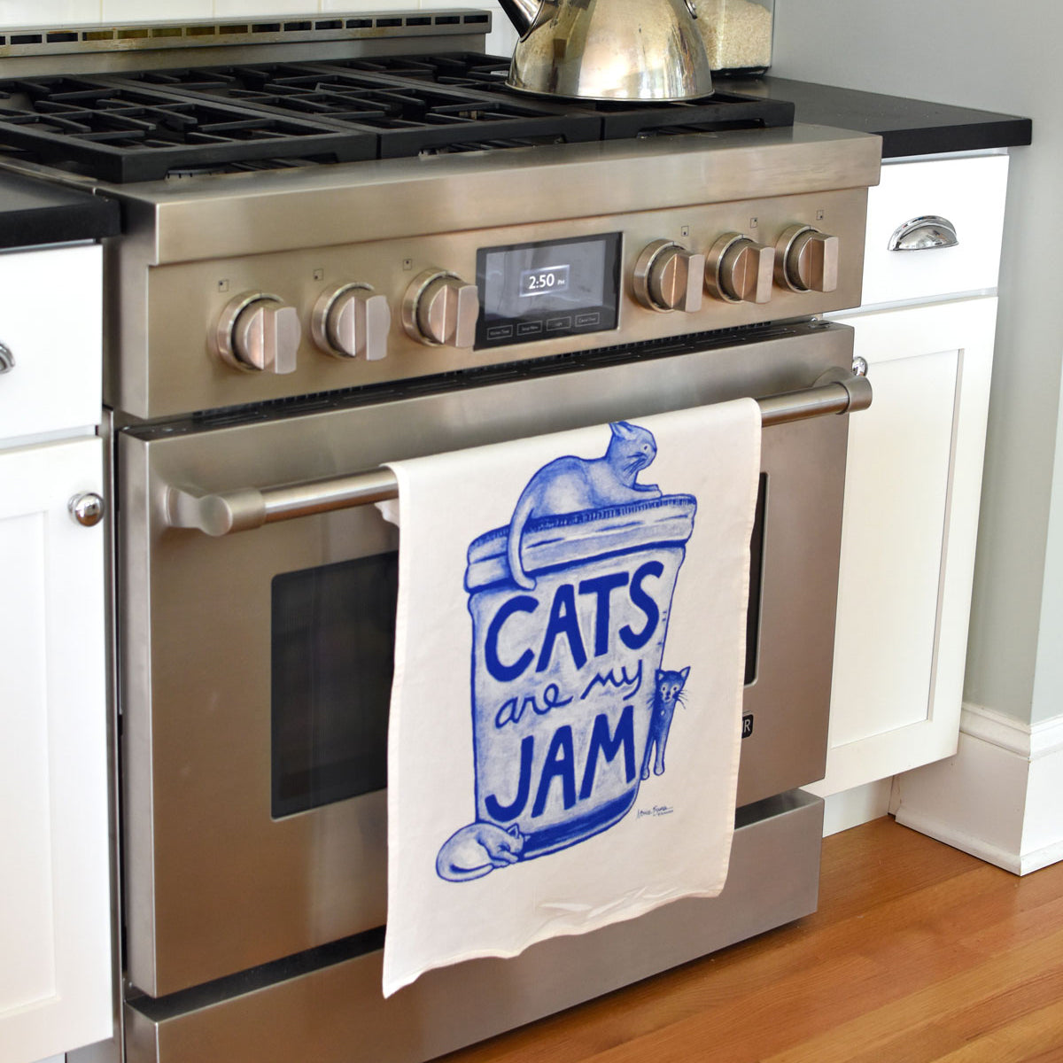 Funny cat lover flour sack kitchen towel with “Cats Are My Jam” illustration, hand screen printed in the USA