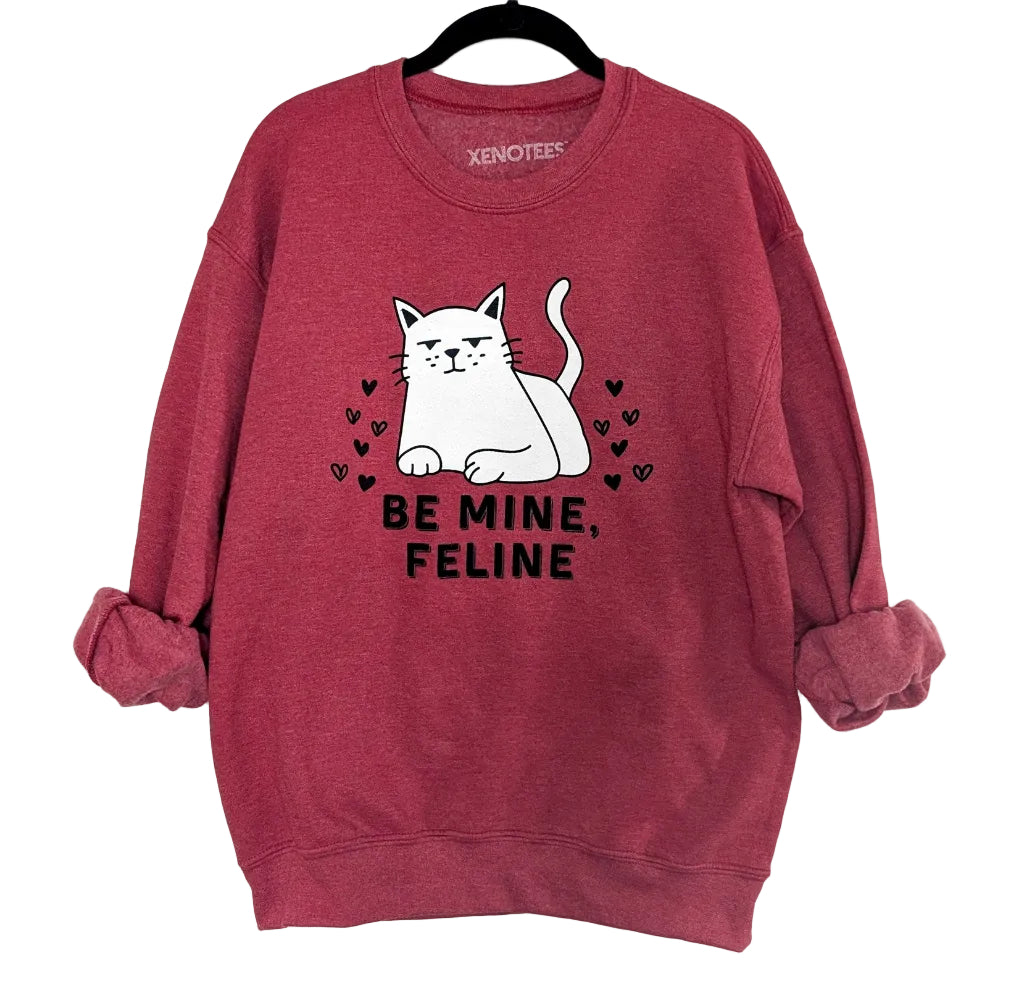 Red sweatshirt with a cat graphic and 'Be Mine, Feline' text on a white background