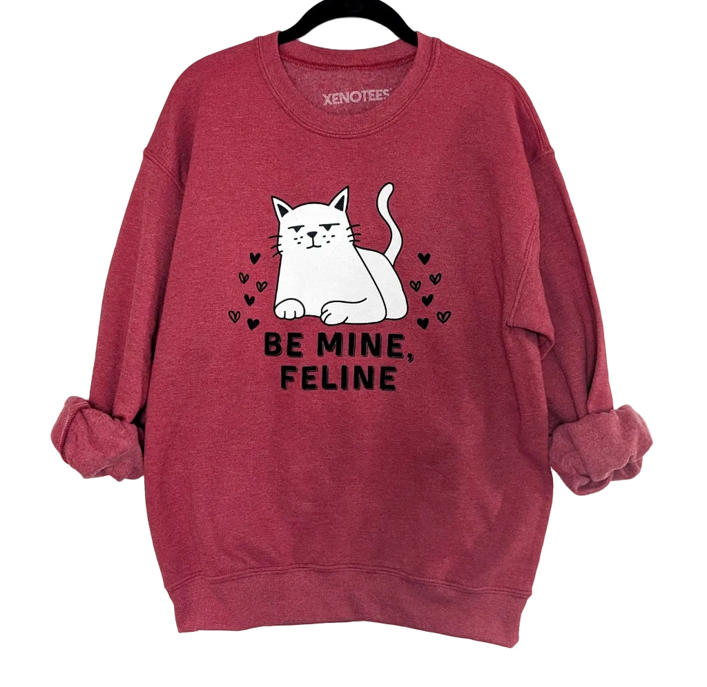 Red sweatshirt with a cat graphic and 'Be Mine, Feline' text on a white background