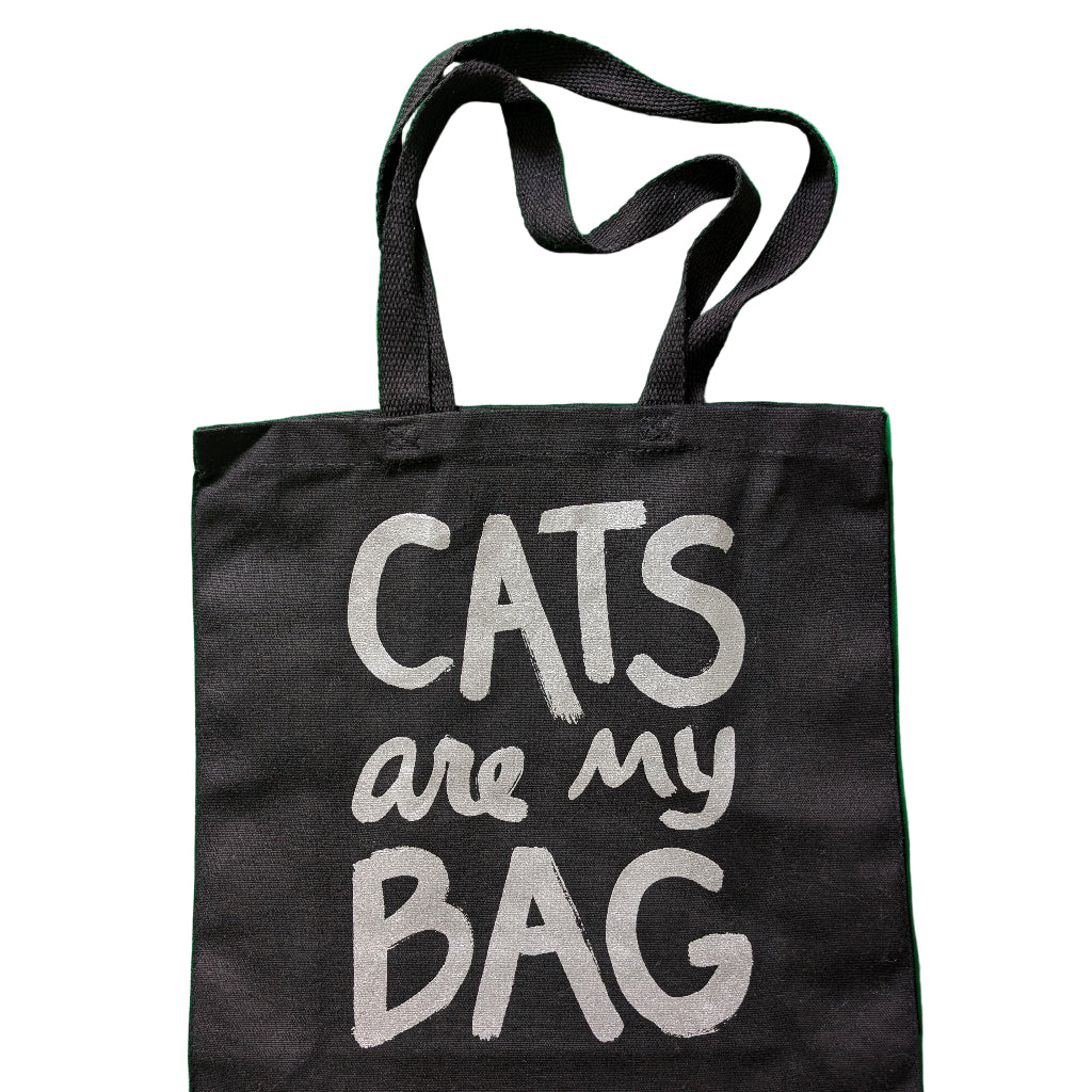 Funny “Cats Are My Bag” Tote – Black Canvas with Metallic Silver Print