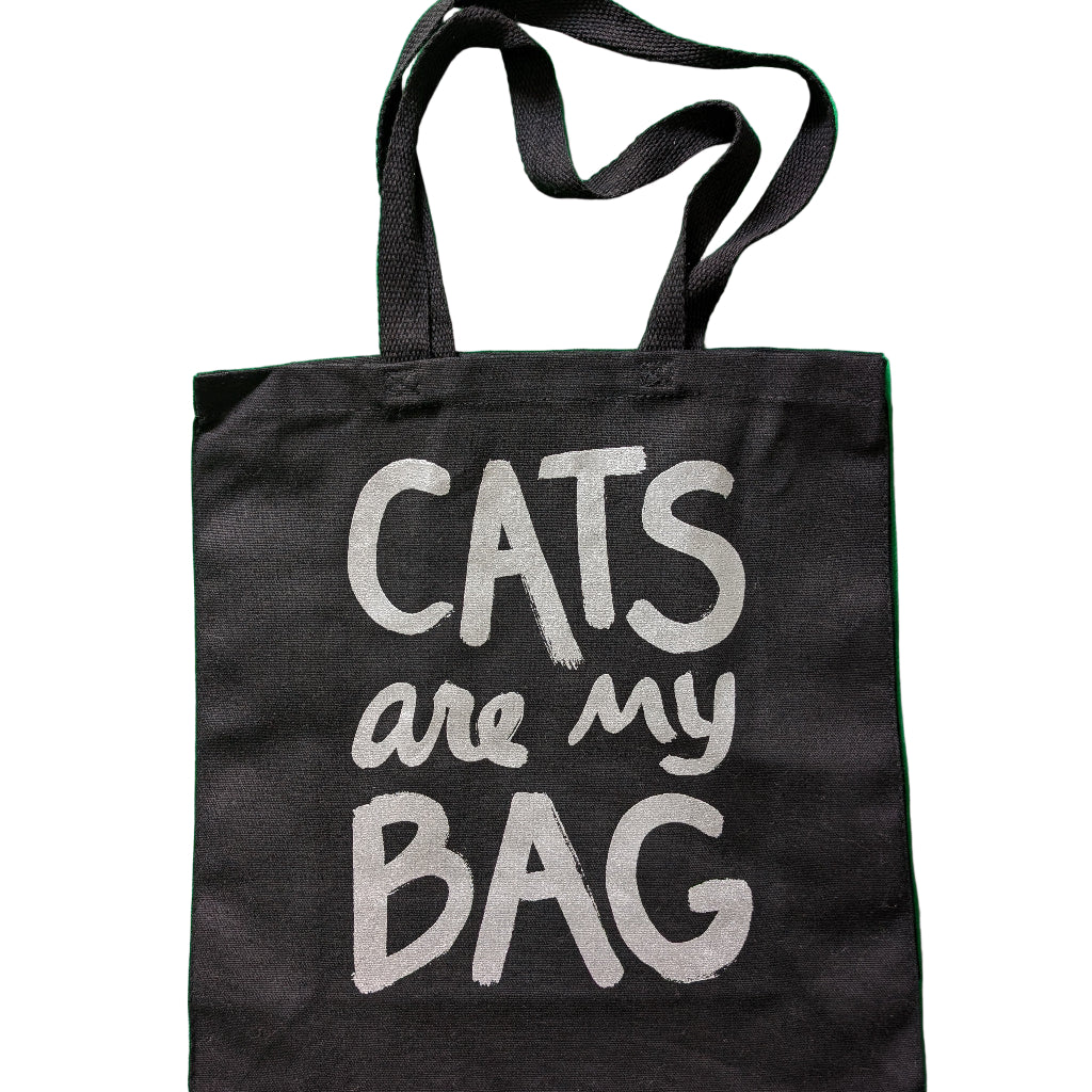Funny "Cats Are My Bag" Tote - Black Canvas with Metallic Silver Print Tote Bag Xenotees