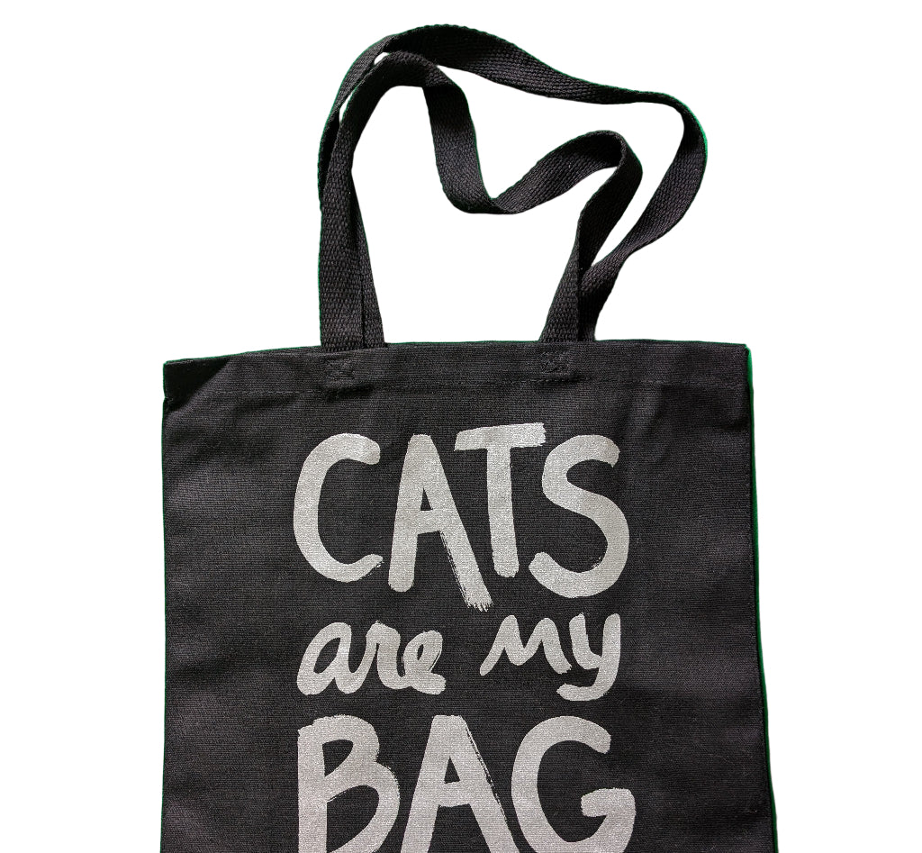 Funny “Cats Are My Bag” Tote – Black Canvas with Metallic Silver Print