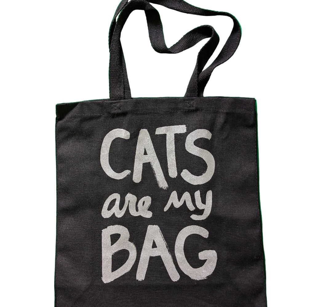 Funny "Cats Are My Bag" Tote - Black Canvas with Metallic Silver Print Tote Bag Xenotees