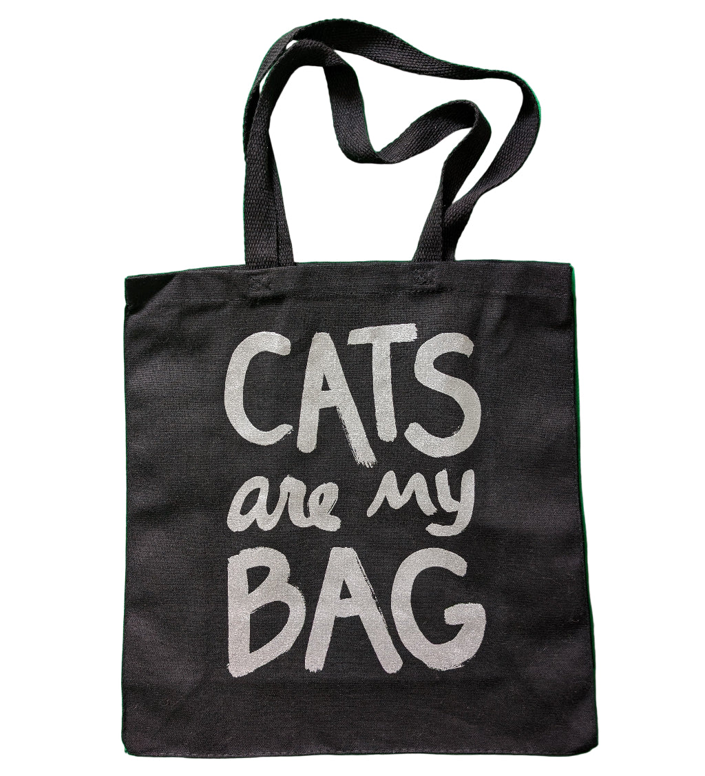 Funny “Cats Are My Bag” Tote – Black Canvas with Metallic Silver Print