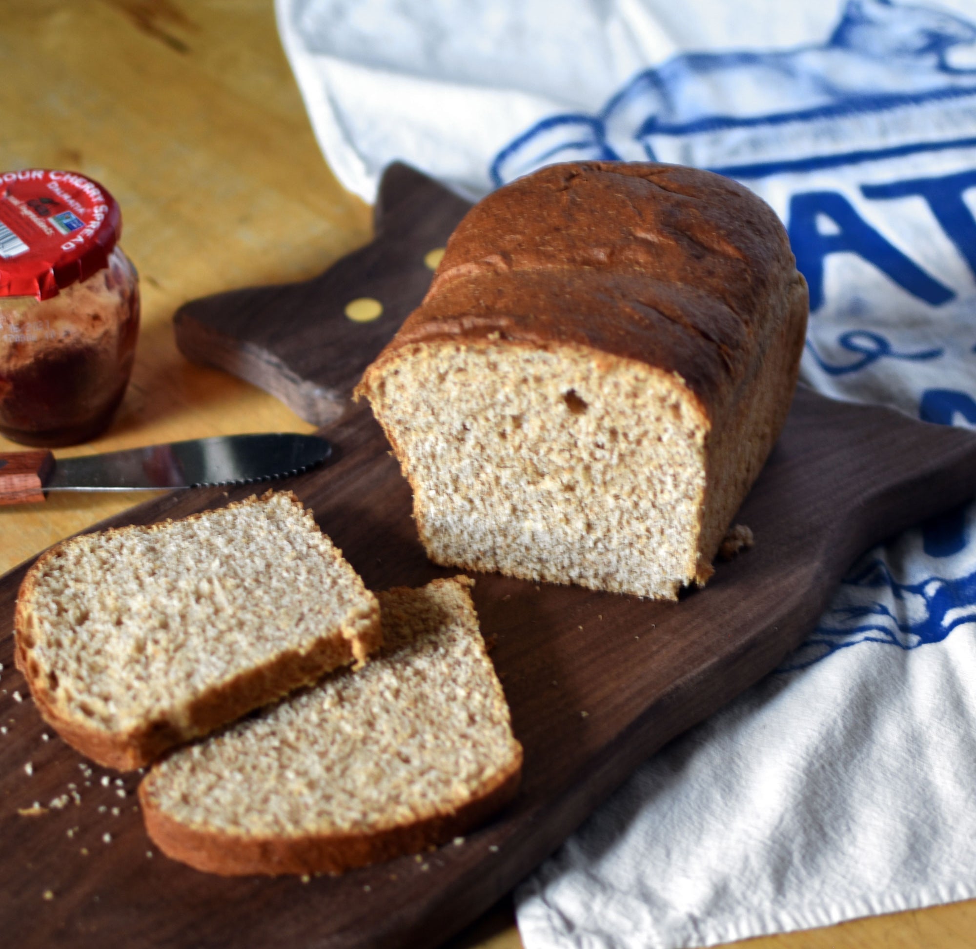 Funny cat lover flour sack baker's kitchen towel with “Cats Are My Jam” illustration, hand screen printed in the USA