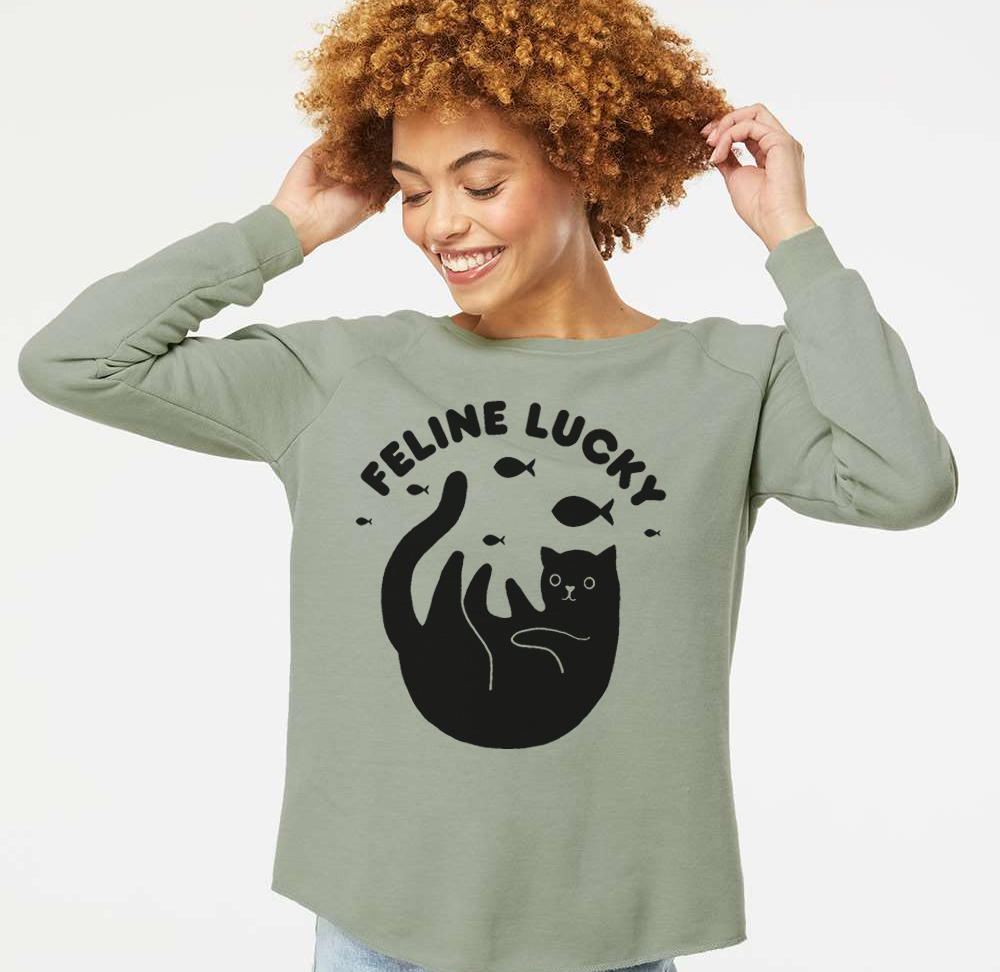 Women's Feline Lucky Crewneck Cat Lover Sweatshirt Sweatshirts Xenotees