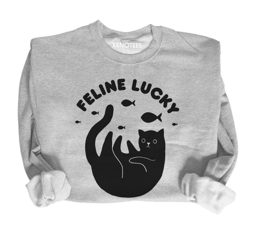 Heather Gray Feline Lucky cat pullover sweatshirt by Noëlle Burke — Xenotees