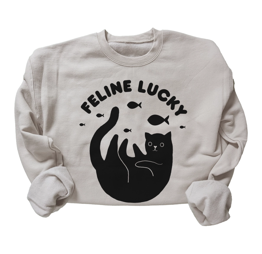 Beige Feline Lucky cat pullover sweatshirt by Noëlle Burke — Xenotees