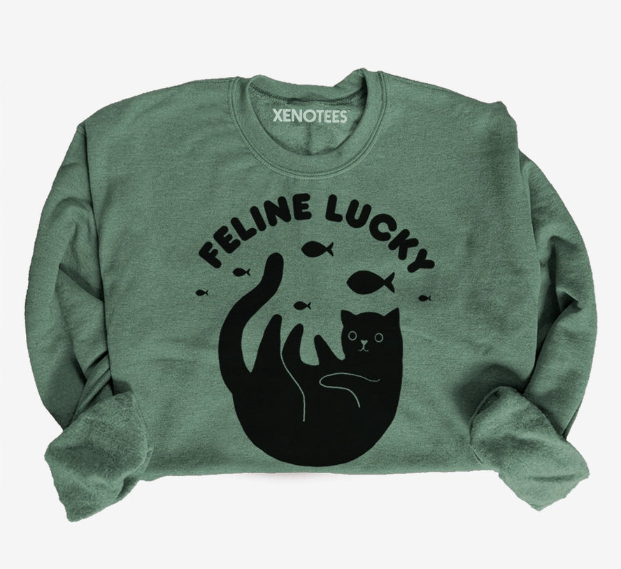 Green Feline Lucky cat pullover sweatshirt by Noëlle Burke — Xenotees