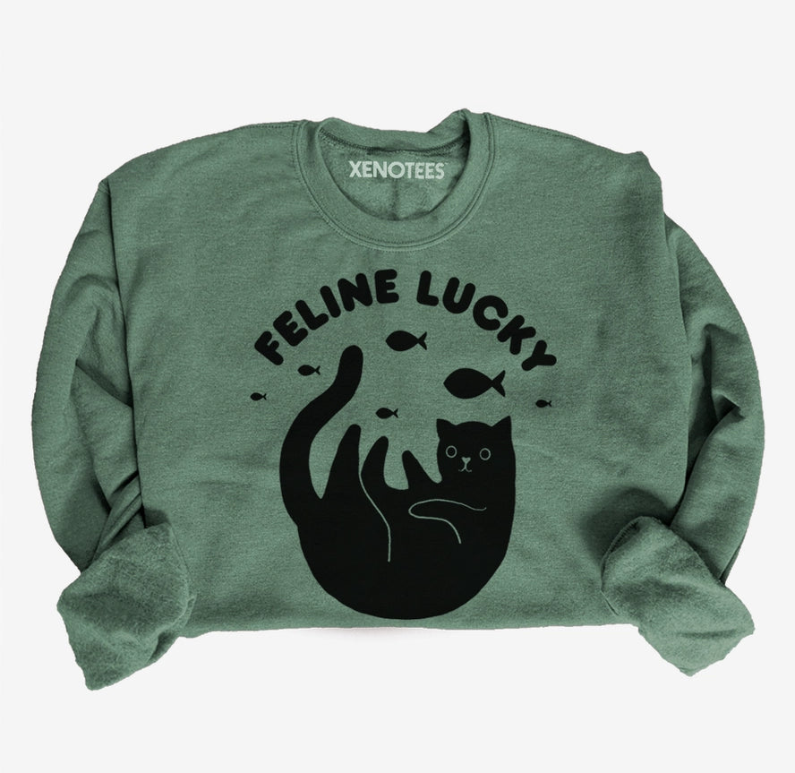 Green Feline Lucky cat pullover sweatshirt by Noëlle Burke — Xenotees