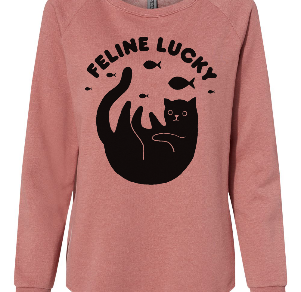 Women's Feline Lucky Crewneck Cat Lover Sweatshirt Sweatshirts Xenotees