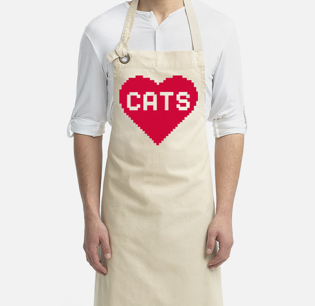 Cat Lover Aprons: 8 Bit Cat Heart Design for Adults in Cotton Canvas