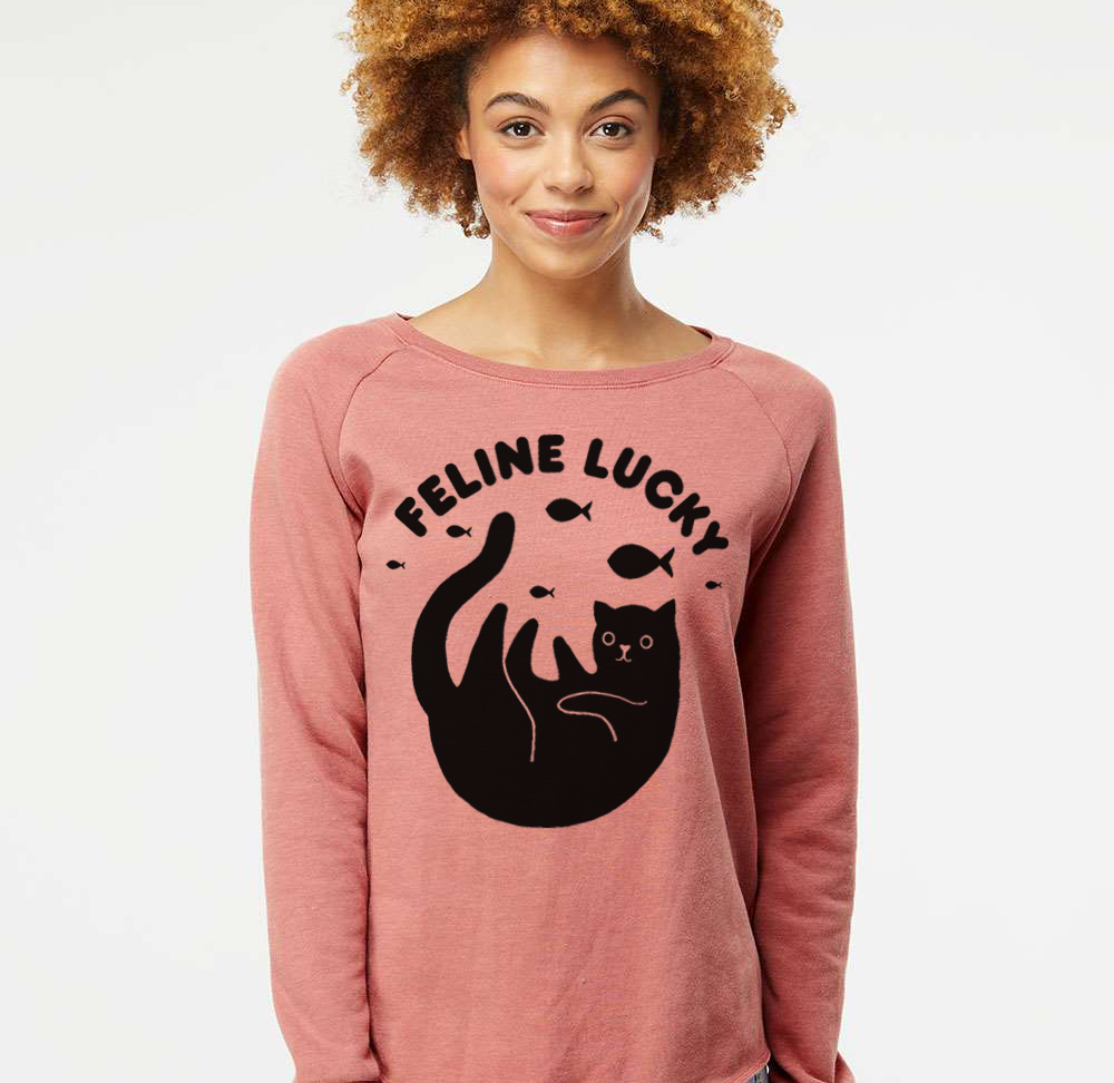Women's Feline Lucky Crewneck Cat Lover Sweatshirt Sweatshirts Xenotees