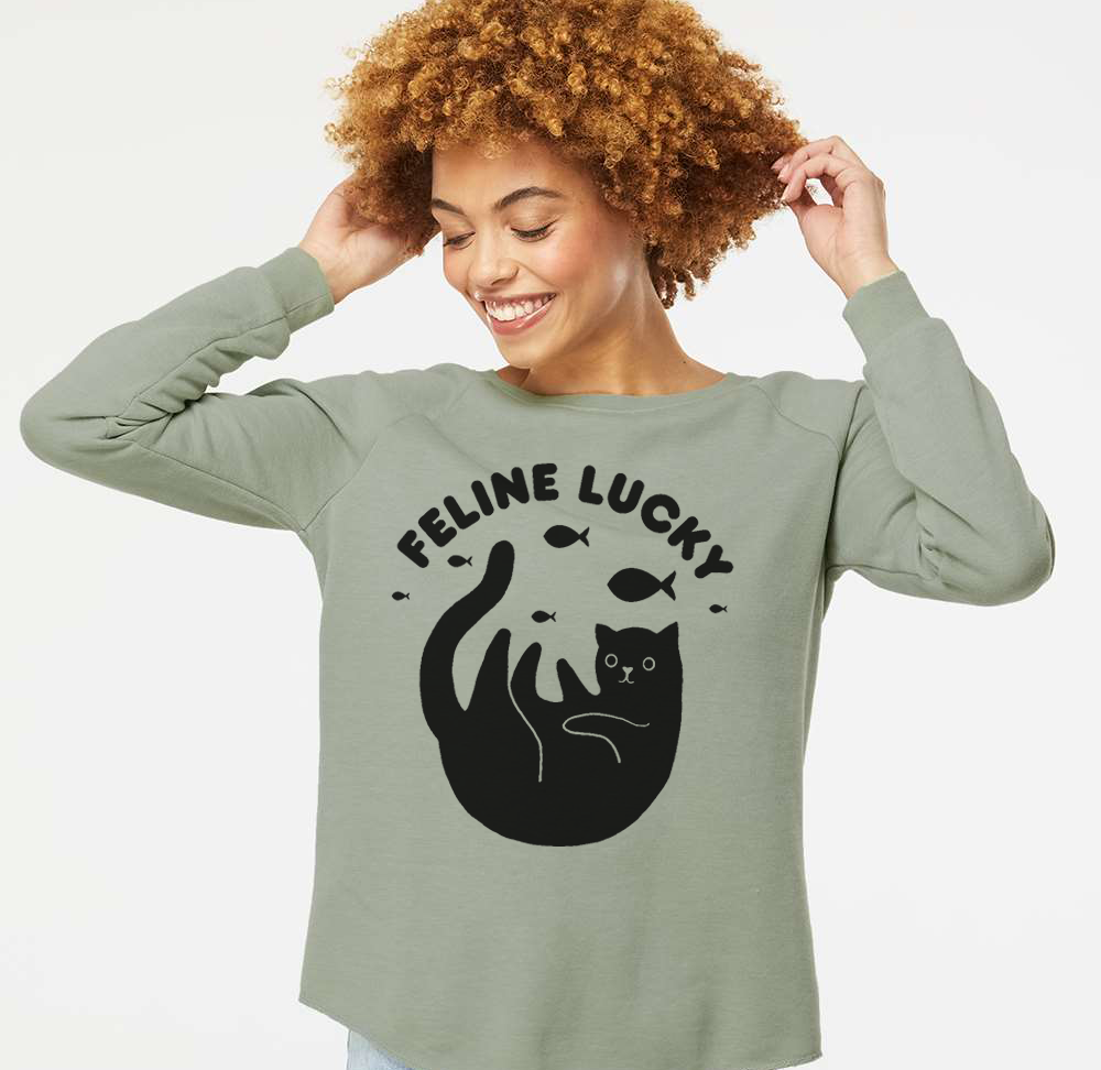 Women's Feline Lucky Crewneck Cat Lover Sweatshirt Sweatshirts Xenotees