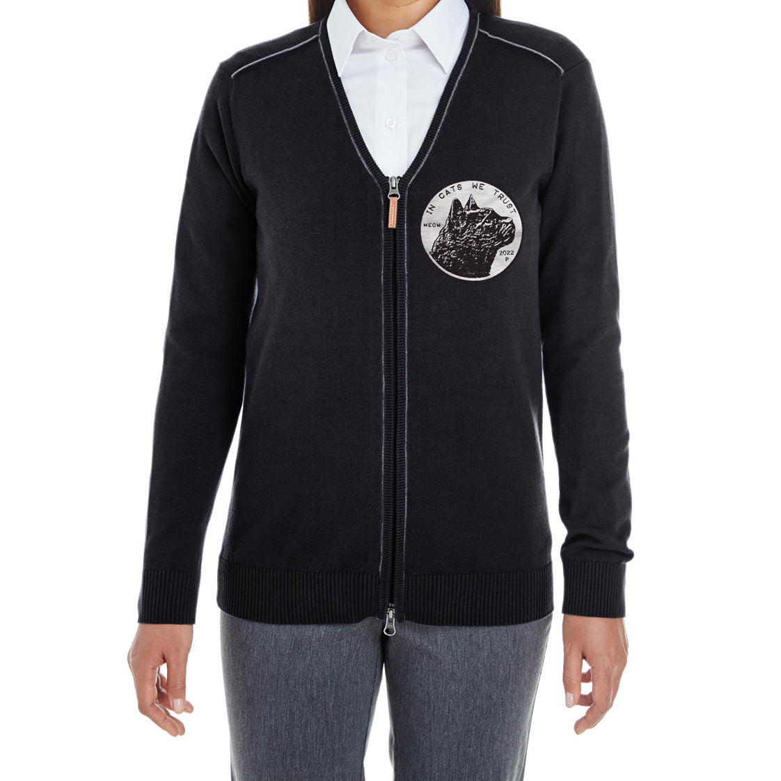 Chester Taco Cat Coin Black V-neck Zipper Sweater