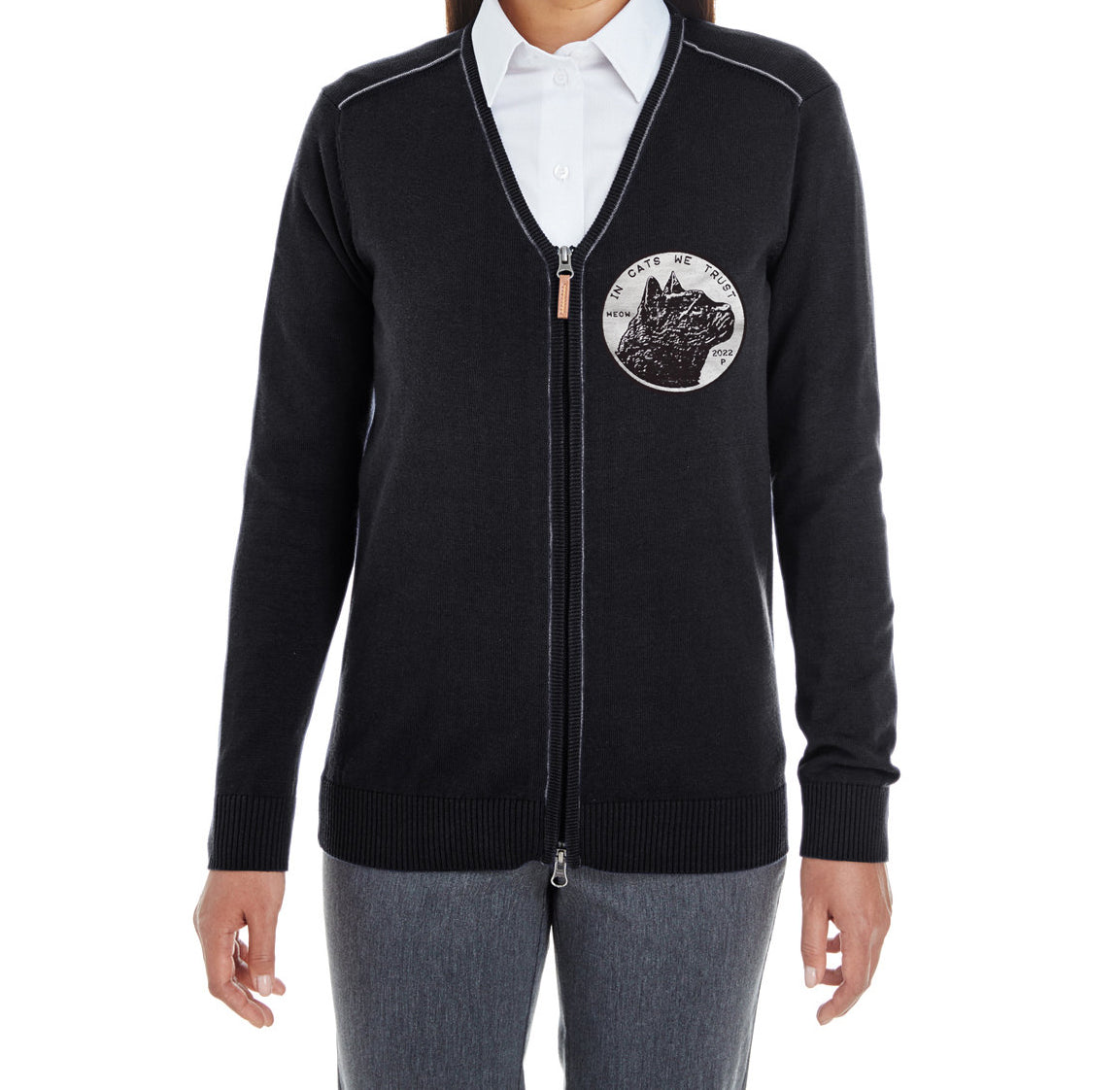 Chester Taco Cat Coin Black V-neck Zipper Sweater