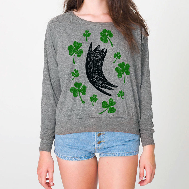 Womens Lucky Black Cat Shamrock Pullover Sweathsirt by Xenotees