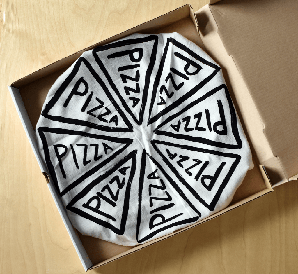 Reusable flour sack kitchen towel with hand-screen printed pizza design, zero waste gift idea