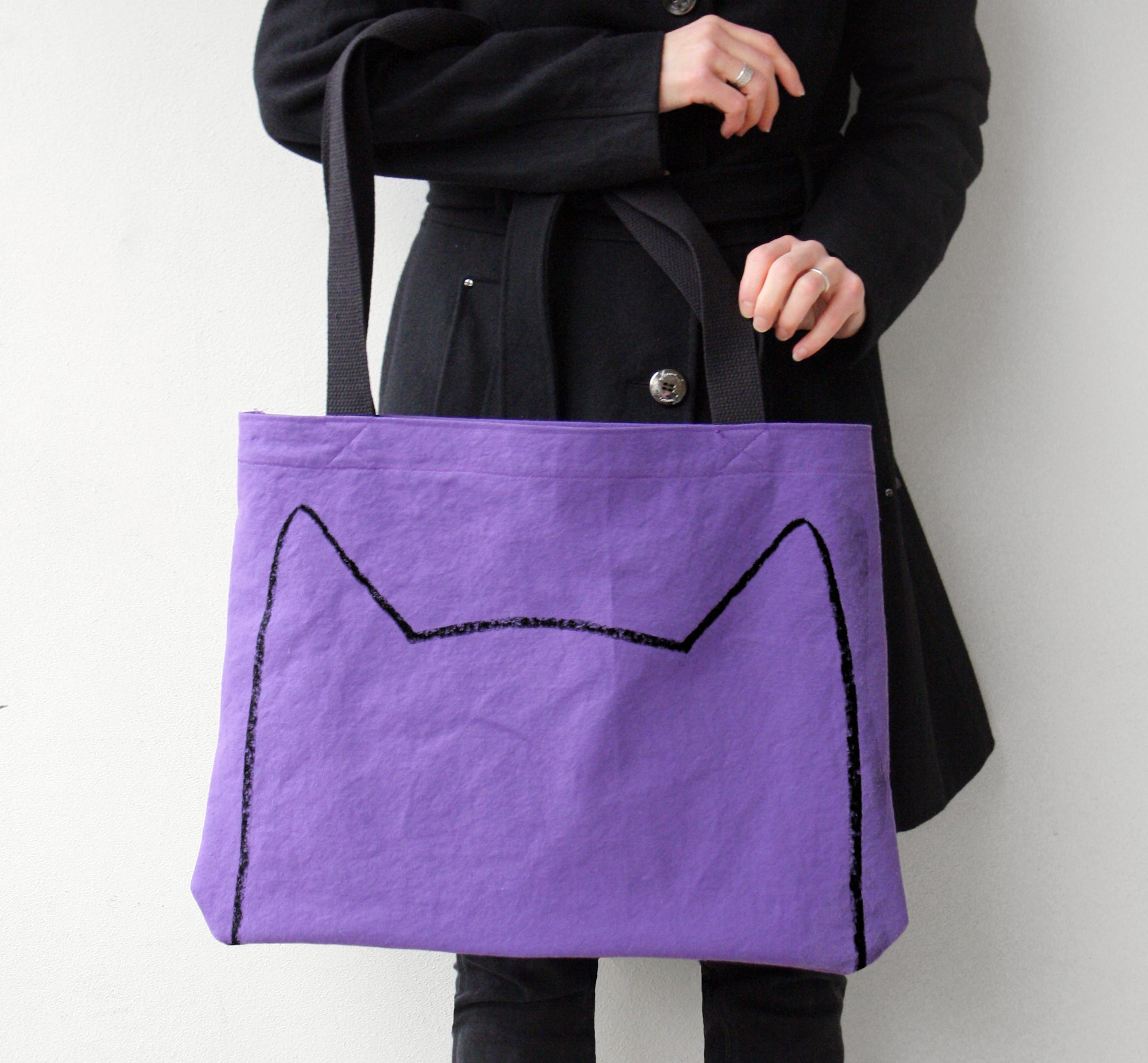 Purple Cat Lover Handmade Oversized Shopping Tote Bag with Long Handles