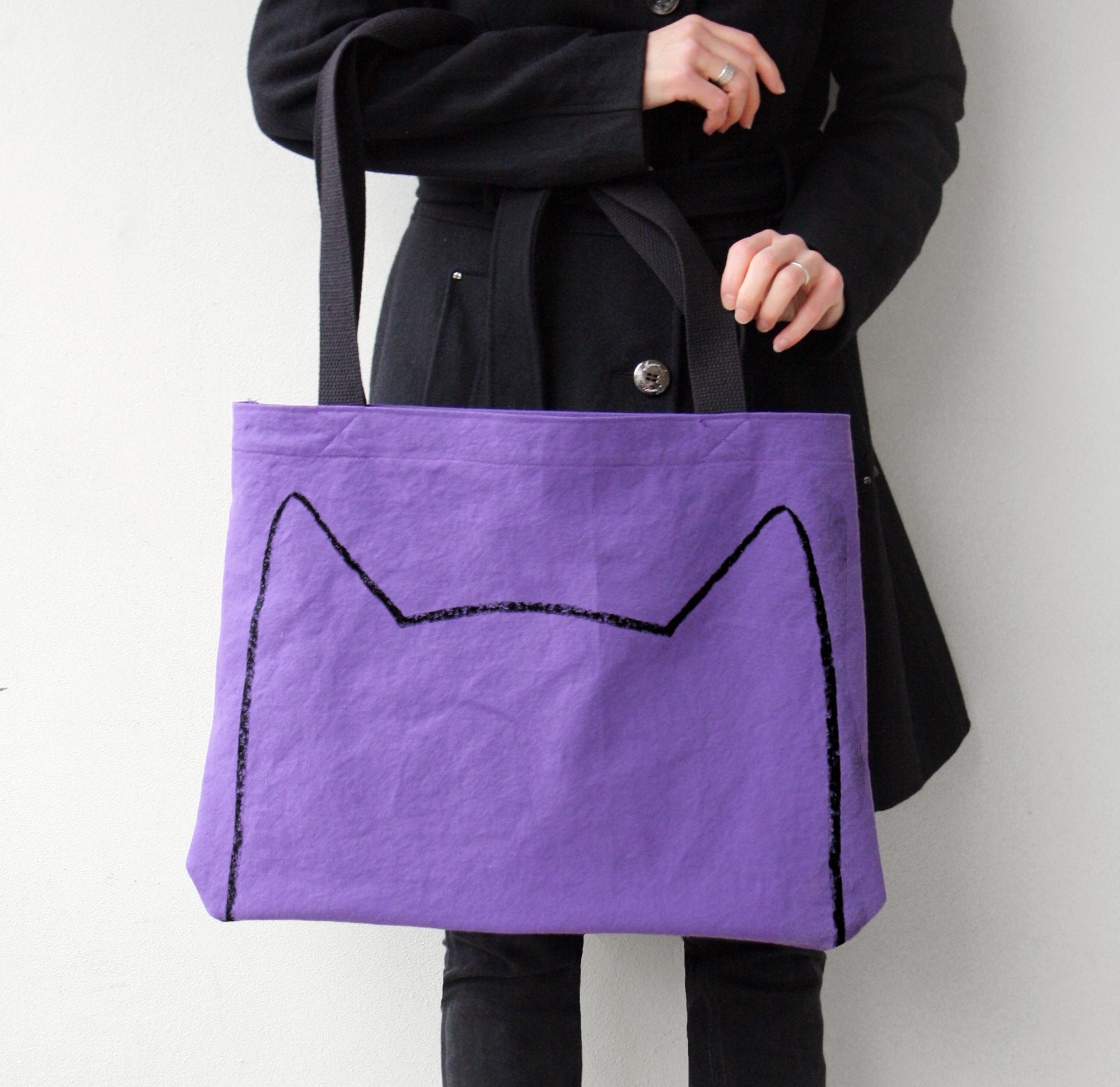 Purple Cat Lover Handmade Oversized Shopping Tote Bag with Long Handles
