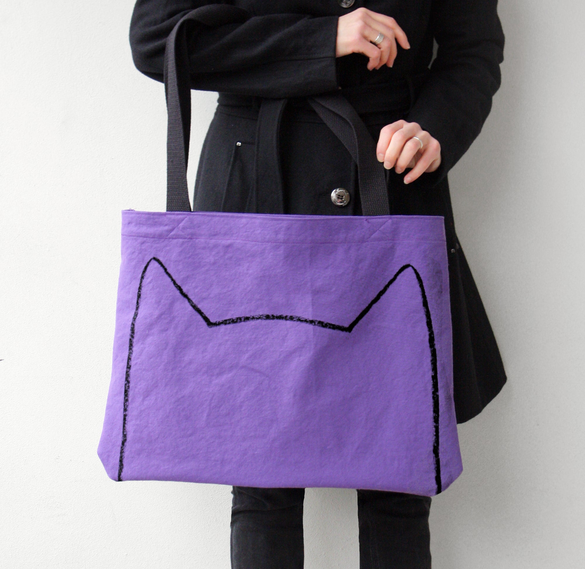 Purple Cat Lover Handmade Oversized Shopping Tote Bag with Long Handles