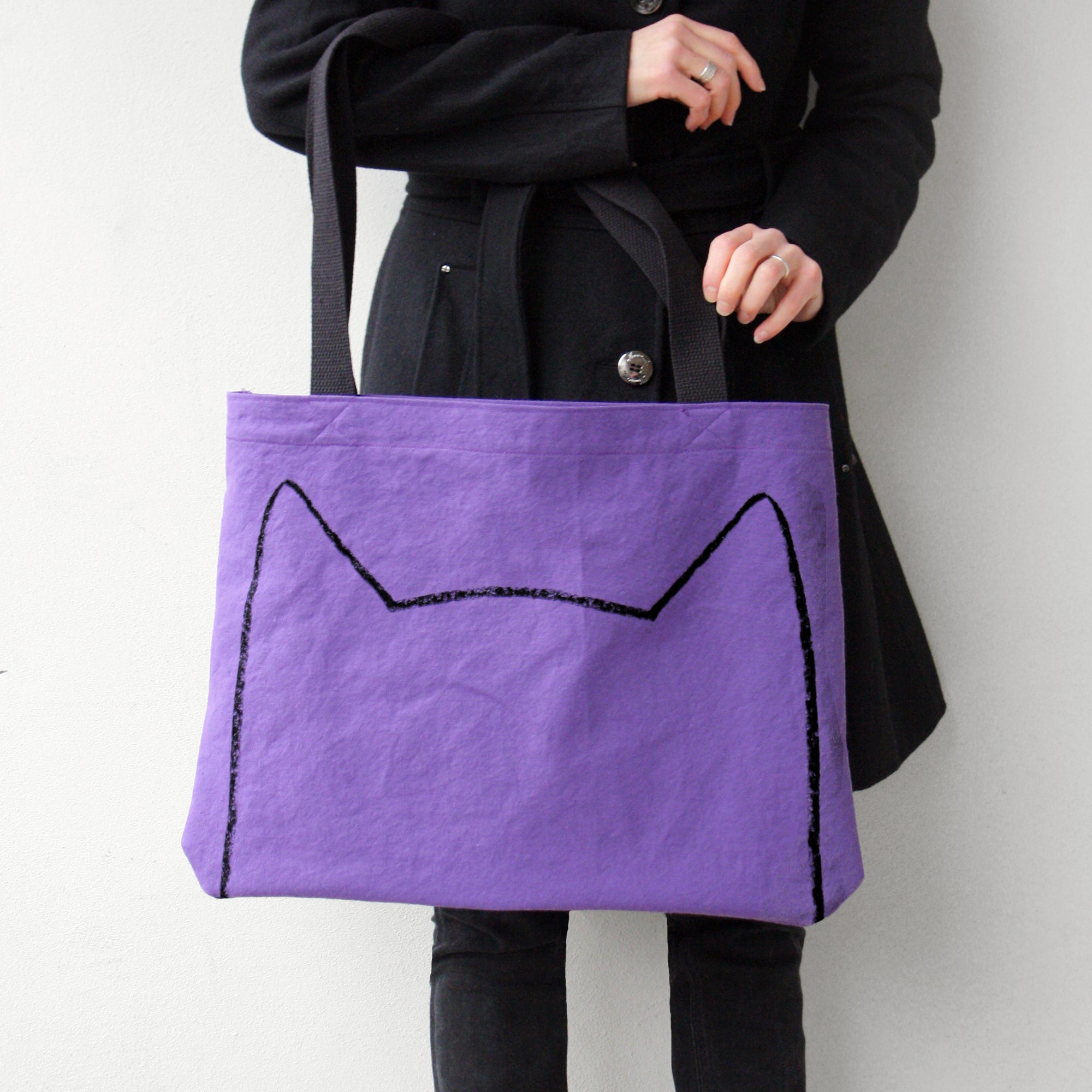 Purple Cat Lover Handmade Oversized Shopping Tote Bag with Long Handles