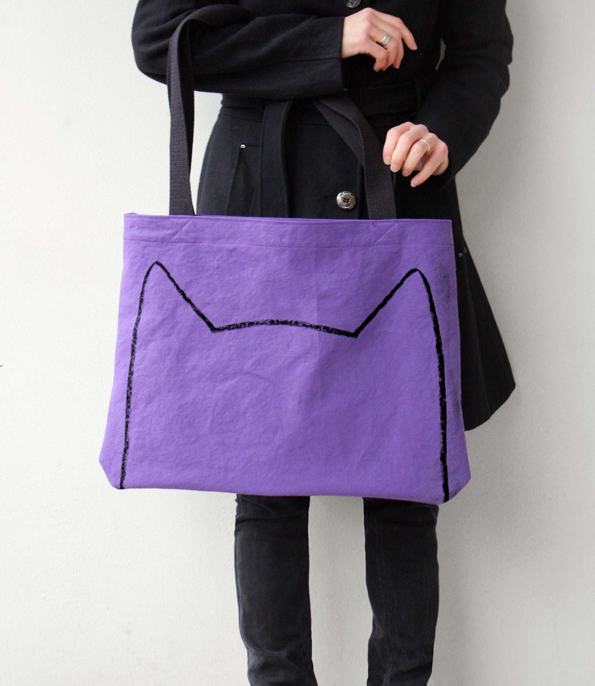 Purple Cat Lover Handmade Oversized Shopping Tote Bag with Long Handles