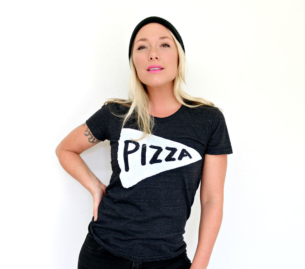 Womens Vintage Black Short Sleeve Pizza Graphic Tee