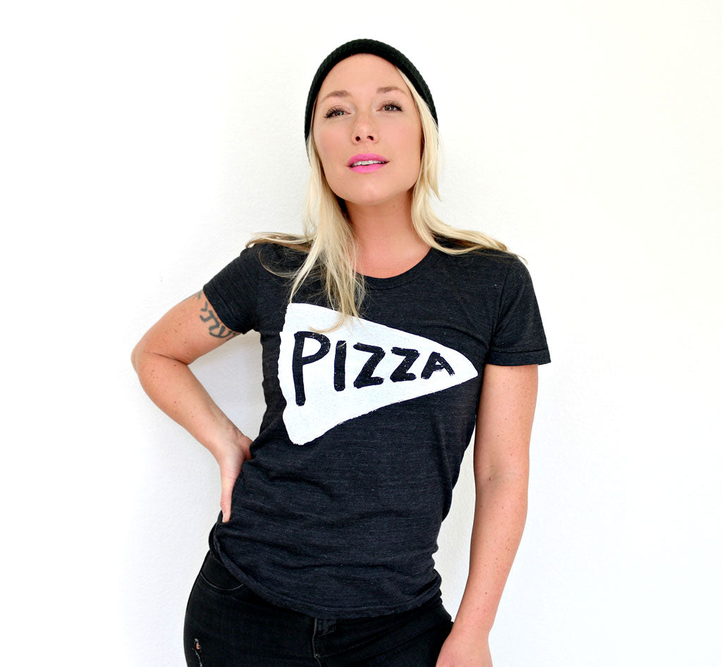 Womens Vintage Black Short Sleeve Pizza Graphic Tee