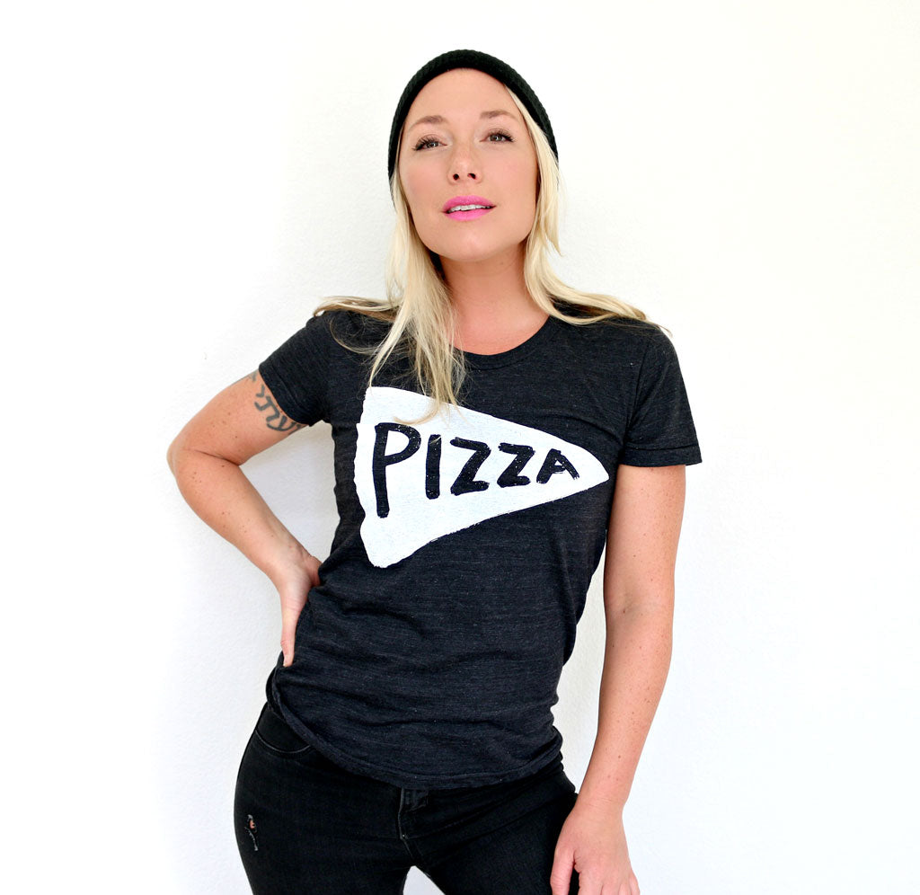 Womens Vintage Black Short Sleeve Pizza Graphic Tee