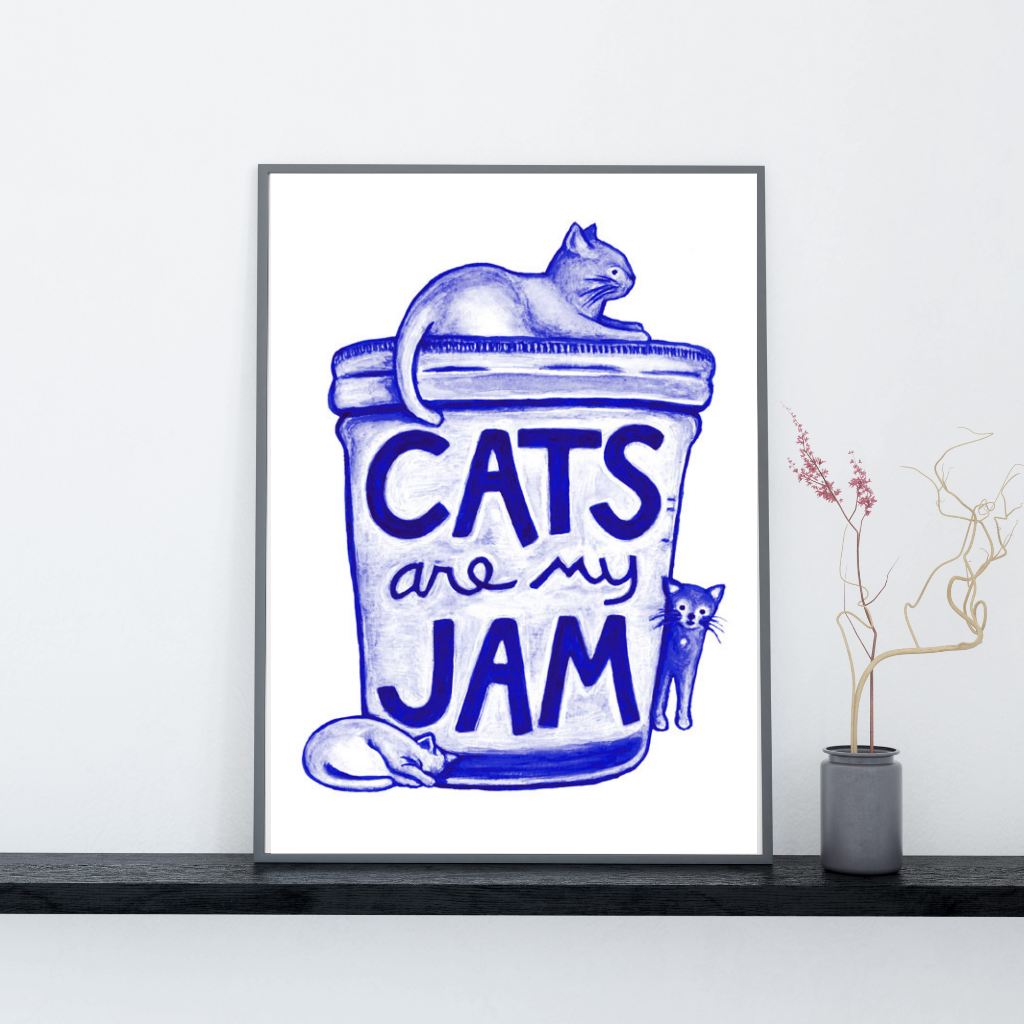 Cats are My Jam Watercolor Wall Art Print in cobalt blue and white