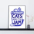 Cats are My Jam Watercolor Wall Art Print in cobalt blue and white