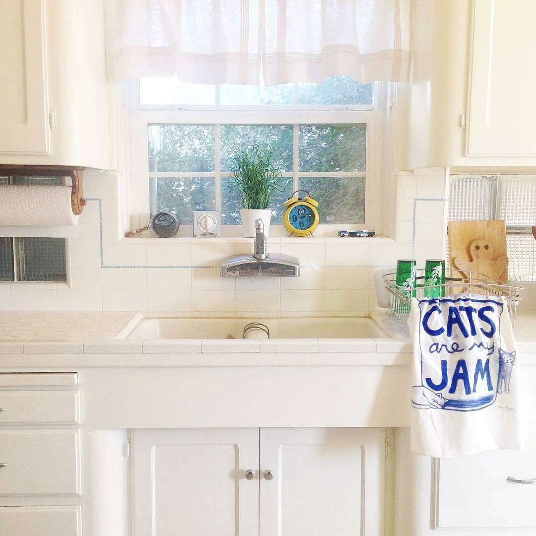 Funny cat lover flour sack kitchen towel with “Cats Are My Jam” illustration, hand screen printed in the USA