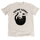 White t-shirt with black cat graphic and 'Feline Lucky' text on a white background