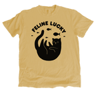 mustard yellow t-shirt with black graphic and 'Feline Lucky' text on a white background