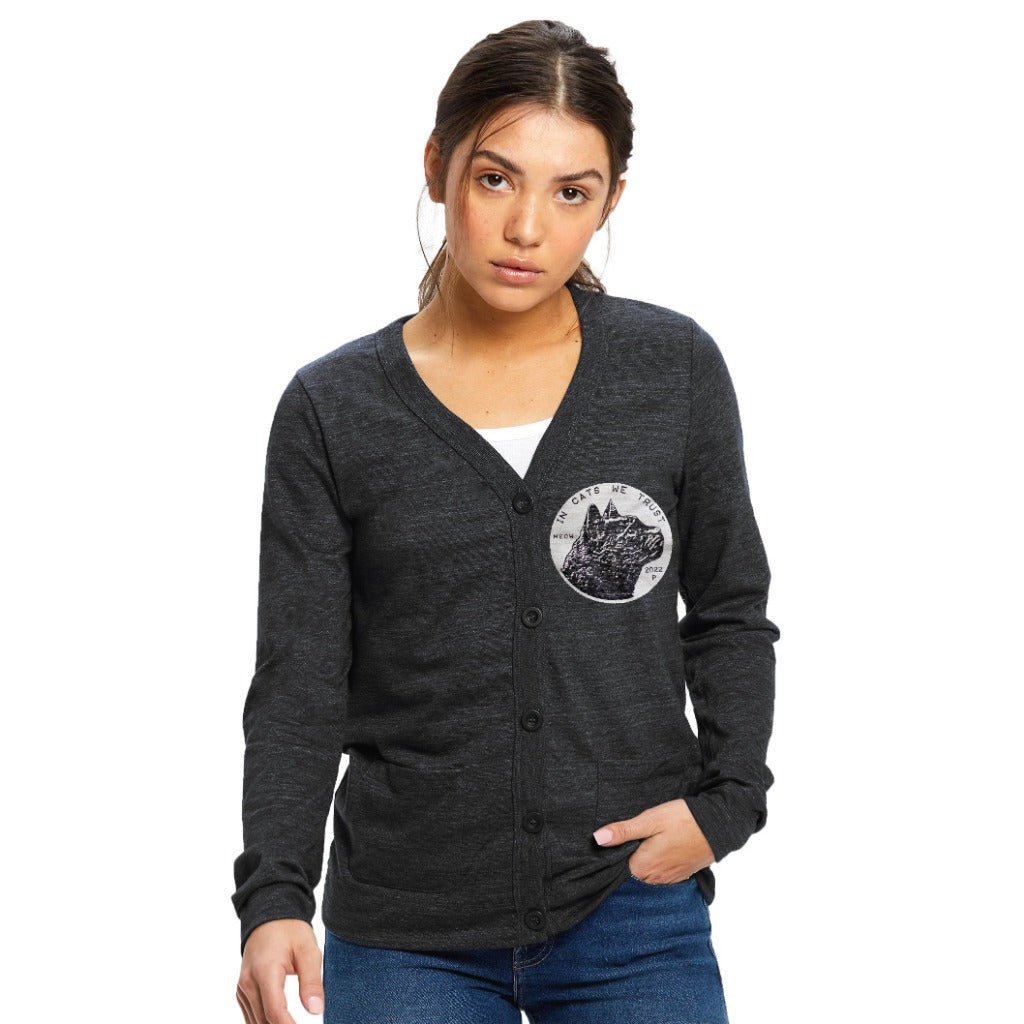 Cat Coin Womens V-neck Cardigan with Pockets
